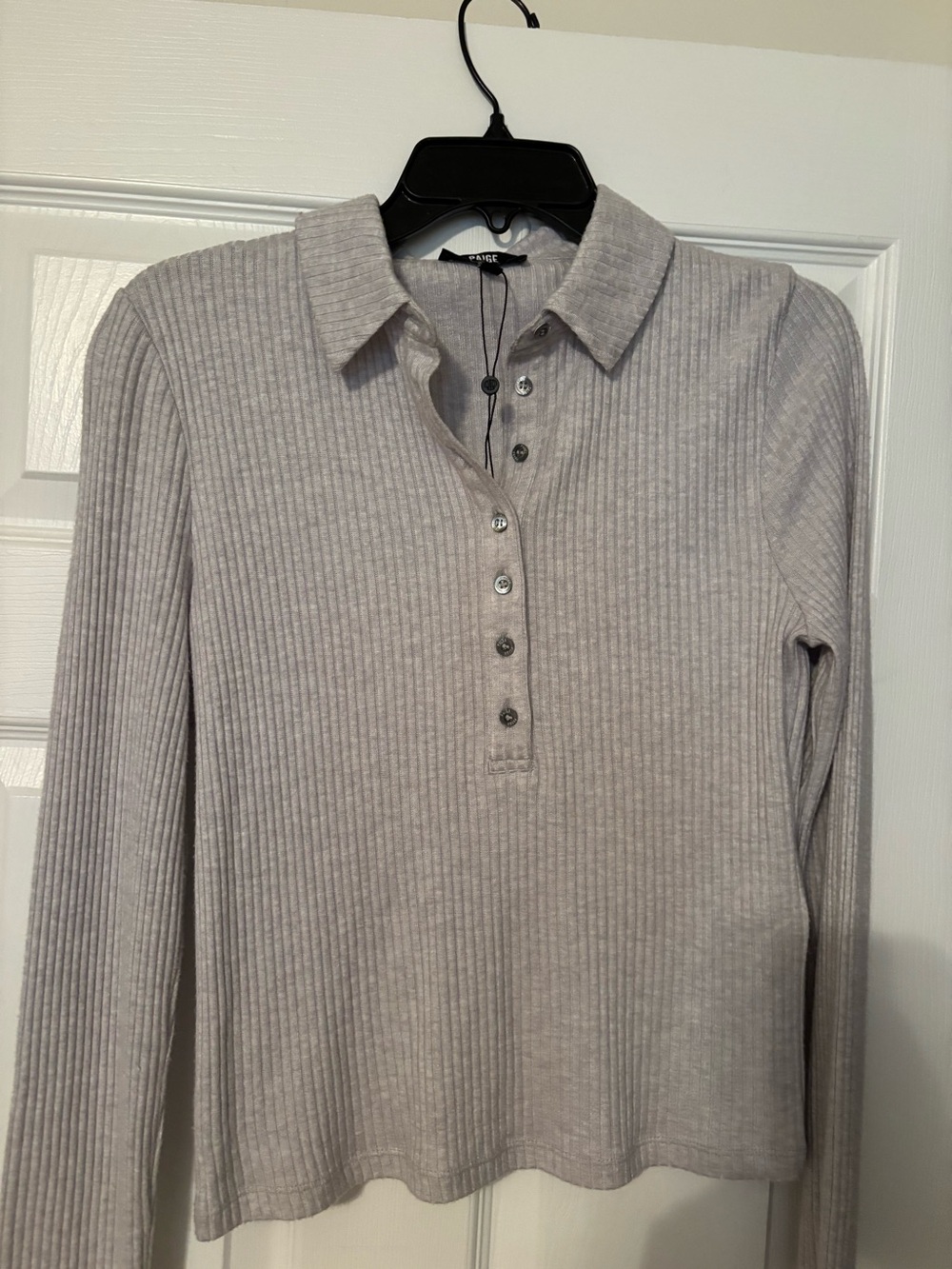 PAIGE Eden Ribbed Long-Sleeve Polo Top in Light Gray
